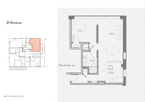 Floor plan for 1 bed, 1 bath, 651 sqft